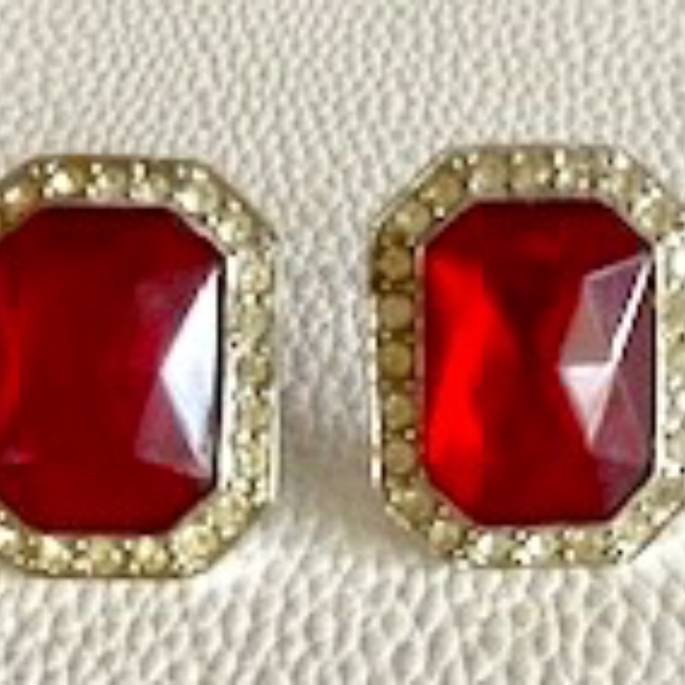 Hot Red Earrings, Designer stamped Vintage Clip Ons